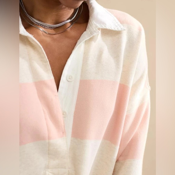Aerie Prep Rally Rugby Stripe Sweatshirt Pink Oversized Preppy.         22 - Picture 6 of 13